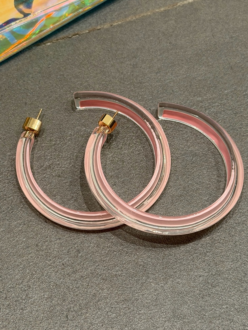 Pink Acrylic Hoop Earrings with Gold Posts - Women Jewelry